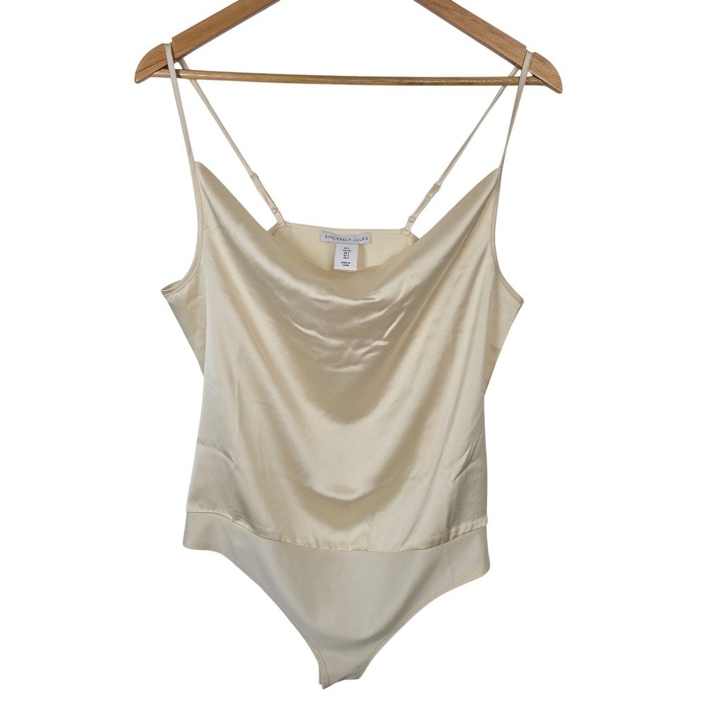 Sincerely Jules Womens L Cream Satin Cowl Neck Bodysuit Ivory Spaghetti Strap‎